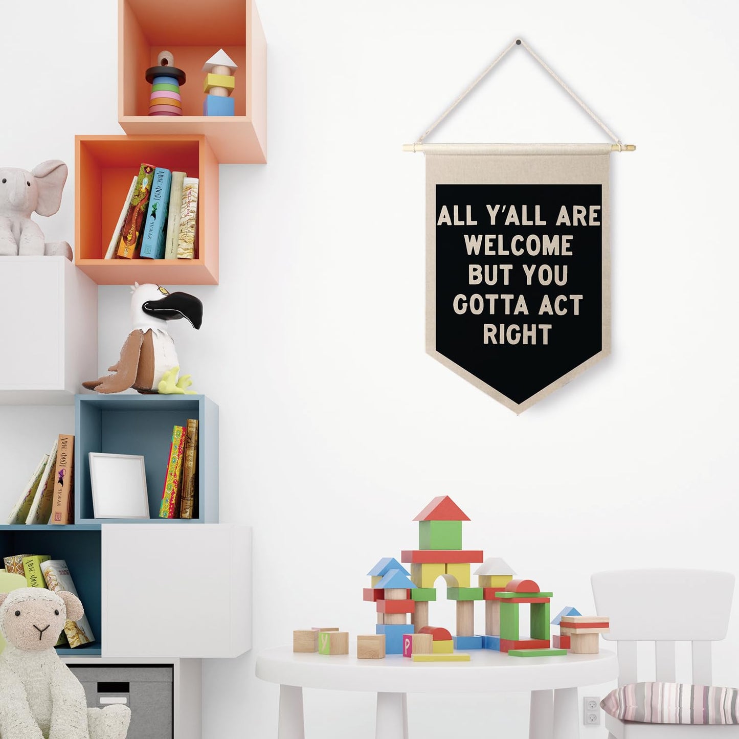 Qpenm All Are Welcome Hanging Wall Canvas Banner,Welcome Hanging Pennant Flag Prints,Funny Posters & Prints Canvas Banner,Funny Classroom Home Living Room Office Wall Art Decor