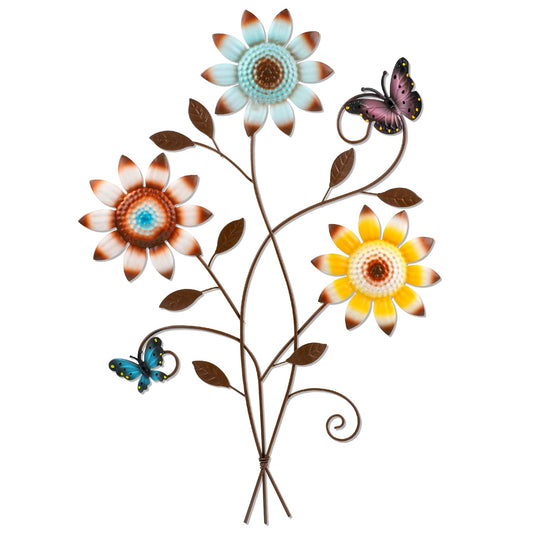DETENE Metal Sunflower Wall Decor with Butterfly 3D Colorful Outdoor Wall Art Fence Decorations for Patio Metal Flowers Wall Hanging Ornament for Garden Porch Living Room Balcony Farmhouse