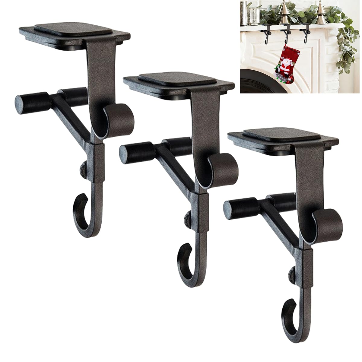 ATRGDUE ATRGDUEFireplace Stocking and Garland Hanger with Two Hooks,Adjustable Mantle Holder- Hold Christmas Decoration and Hang Garland-No Drill,Durable Wrought Iron Holds Up to 20 lbs (3Pcs,Black)