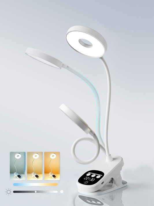 Wireless Clip on LED Desk Lamp, 1800mAh Rechargeable Eye-Caring Bedside Reading Light with Clock & Timer, 3 Color Temperatures 360° Rotatable for Dorm Room Home Office Camping Blackout (White)