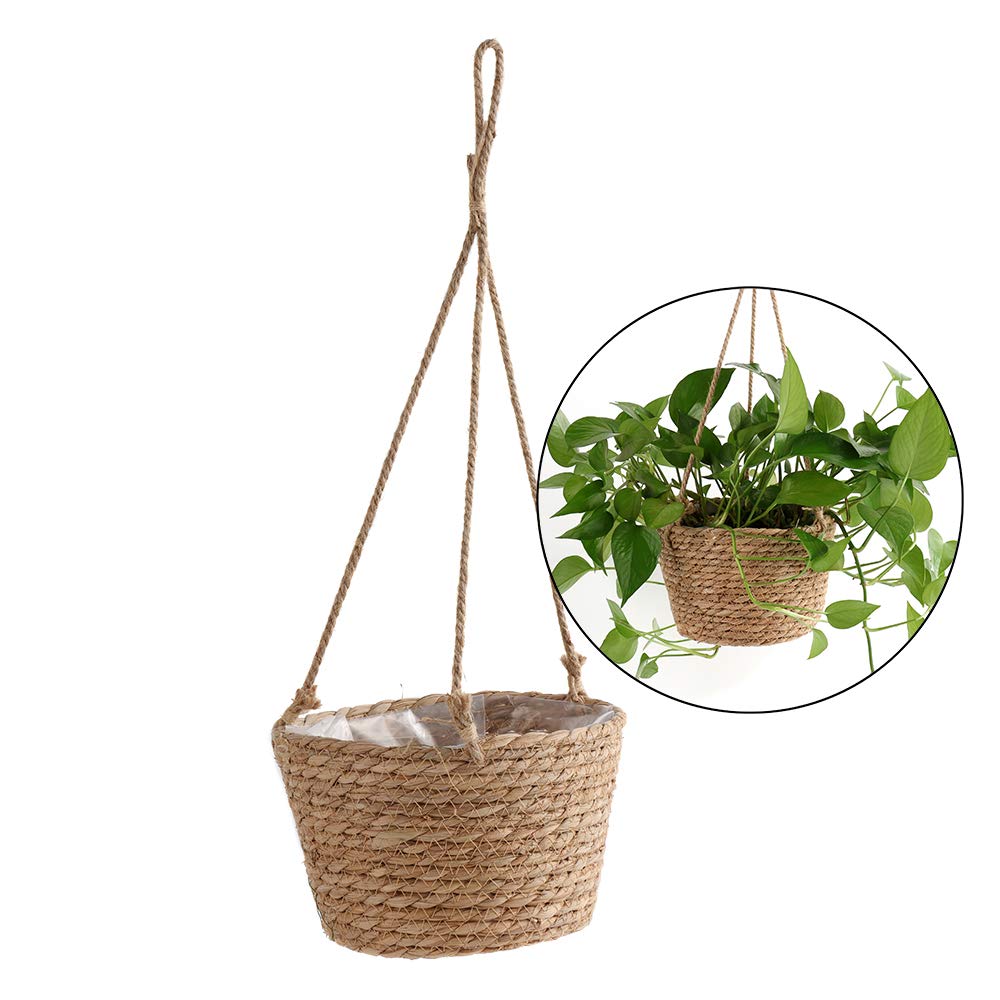 MEUMITY Hanging Planter Basket, Rattan Woven Plant Hanger with Plastic Liner Macrame Plant Holder Storage Organizer for Plants Indoor Outdoor(#1)