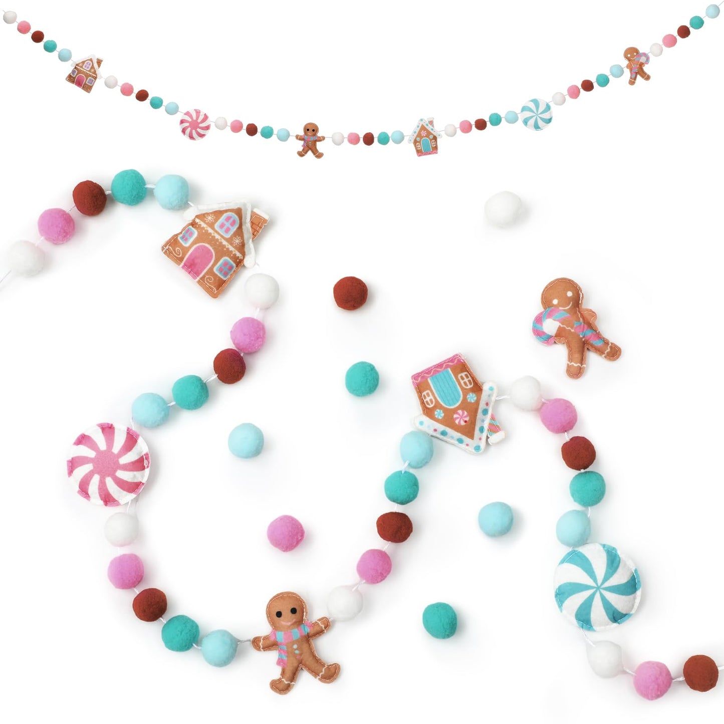 Newwiee Christmas Felt Garland 3D Felt Gingerbread Garland Hanging 8.2 ft Candy Pom Ball Banner for Christmas Holiday Playroom Mantel Wall Decoration