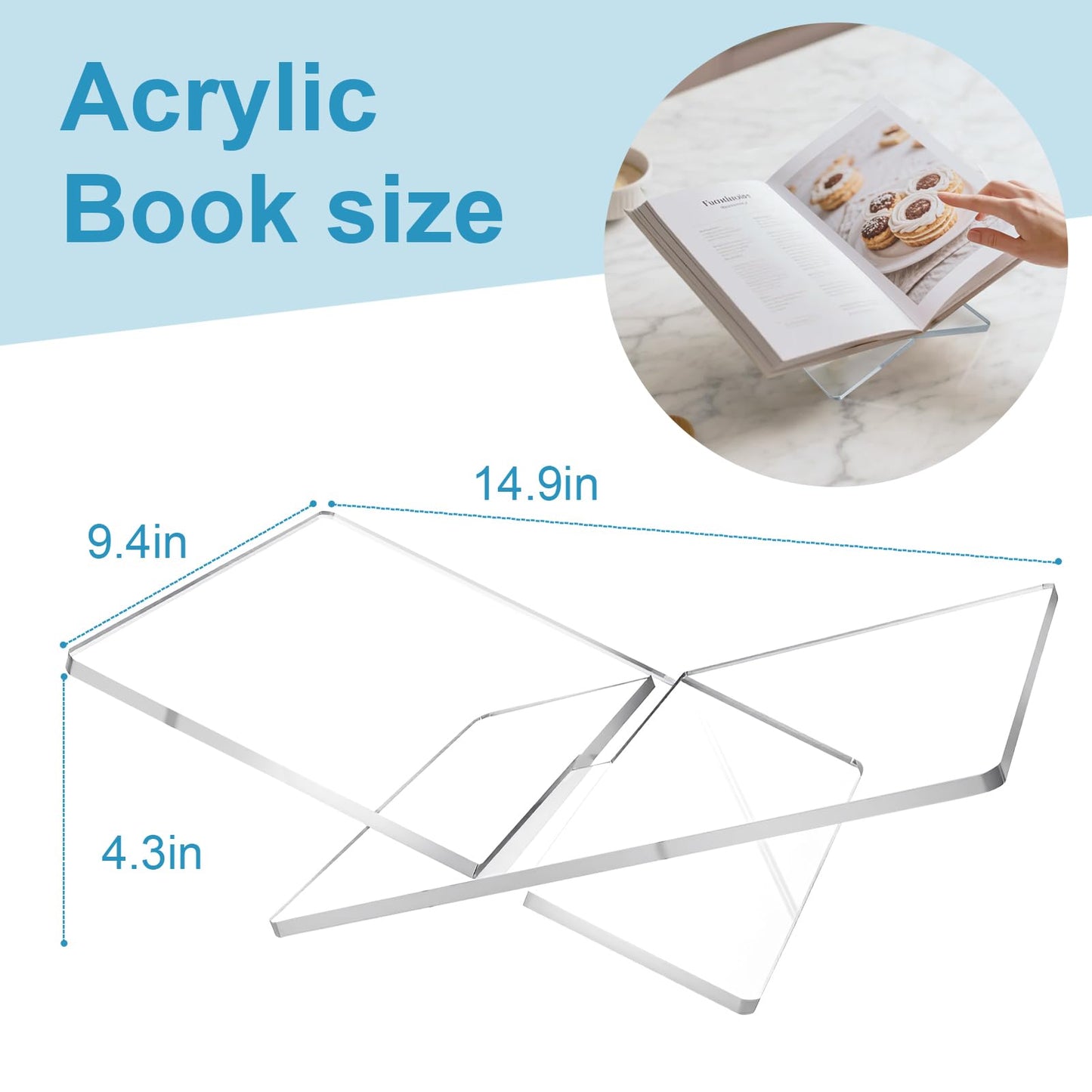 HuixinAcrli Acrylic Book Stand Holder Open Cookbook Acrylic Book Display Stand,Coffee Table Book Stand Magazines Clear Holder,Reading Stand for Open Book Magazines,Home and Table Decor(14.9''*9.4'')