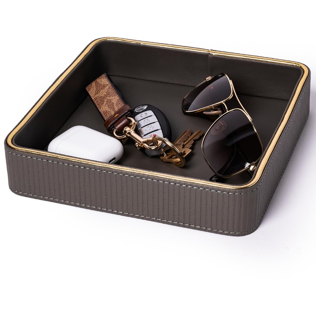 Key Bowl for Entryway Table| Leather Catch All Bowl for Keys| Key Dish Bowl for Entryway Table| Key Basket EDC Tray| Key and Wallet Holder Key Holder Bowl -Gray