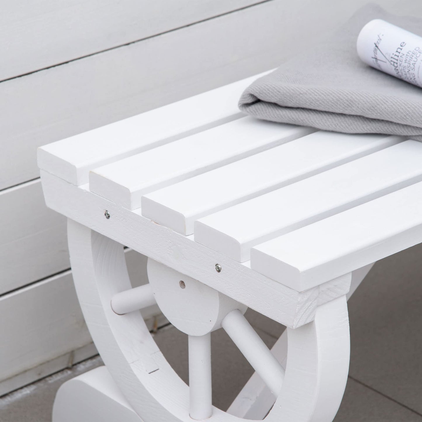 Outsunny 2-Person Wooden Garden Bench, Outdoor Wagon Wheel Porch Bench for Backyard Garden, Support 550 LBS, Rustic Country Style Patio Furniture, White