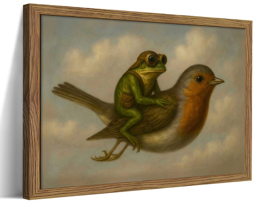 Vintage Frog Riding Bird Framed Wall Art, Whimsical Aviator Frog Oil Painting Print with Wood Frame, Antique Cottagecore Animal Picture Wall Decor for Living Room Bedroom Nursery 8x10 inch