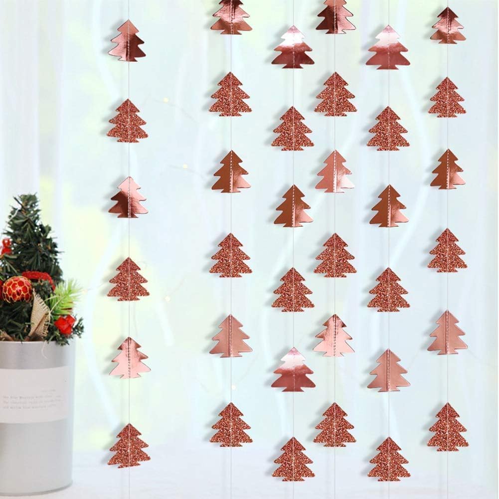 Cheerland Rose Gold Christmas Tree Garland Happy Holidays Banner Woodland Theme Party Decoration Xmas Hanging Backdrop Christmas Banner Wall Decor for Winter Birthday Party New Year Decorations