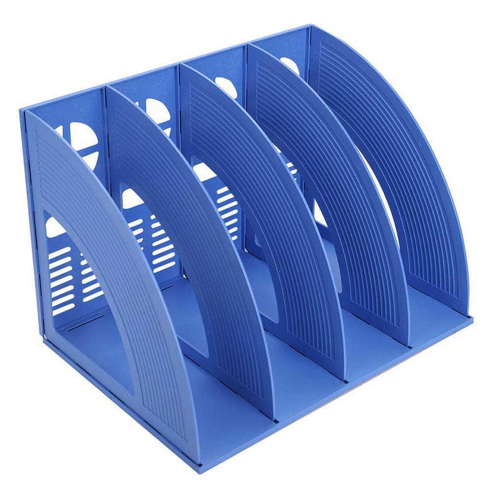 SAYEEC File Holder Storage Folder 4 Compartment Standing Desktop Hollow Organizer Blue Files Shelf Frame Thicken Plastic Paper Notebook Magazine Bookstore for Office School Supplier Students