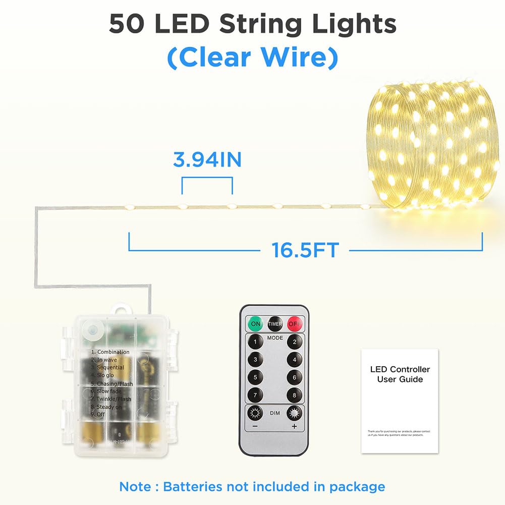 KepStars 16.5ft Battery Operated String Lights (2 Pack), 50 LED Fairy String Lights Battery Powered with Remote & Timer for Indoor Outdoor Christmas Trees Wreath Decoration Bedroom Patio - Warm White