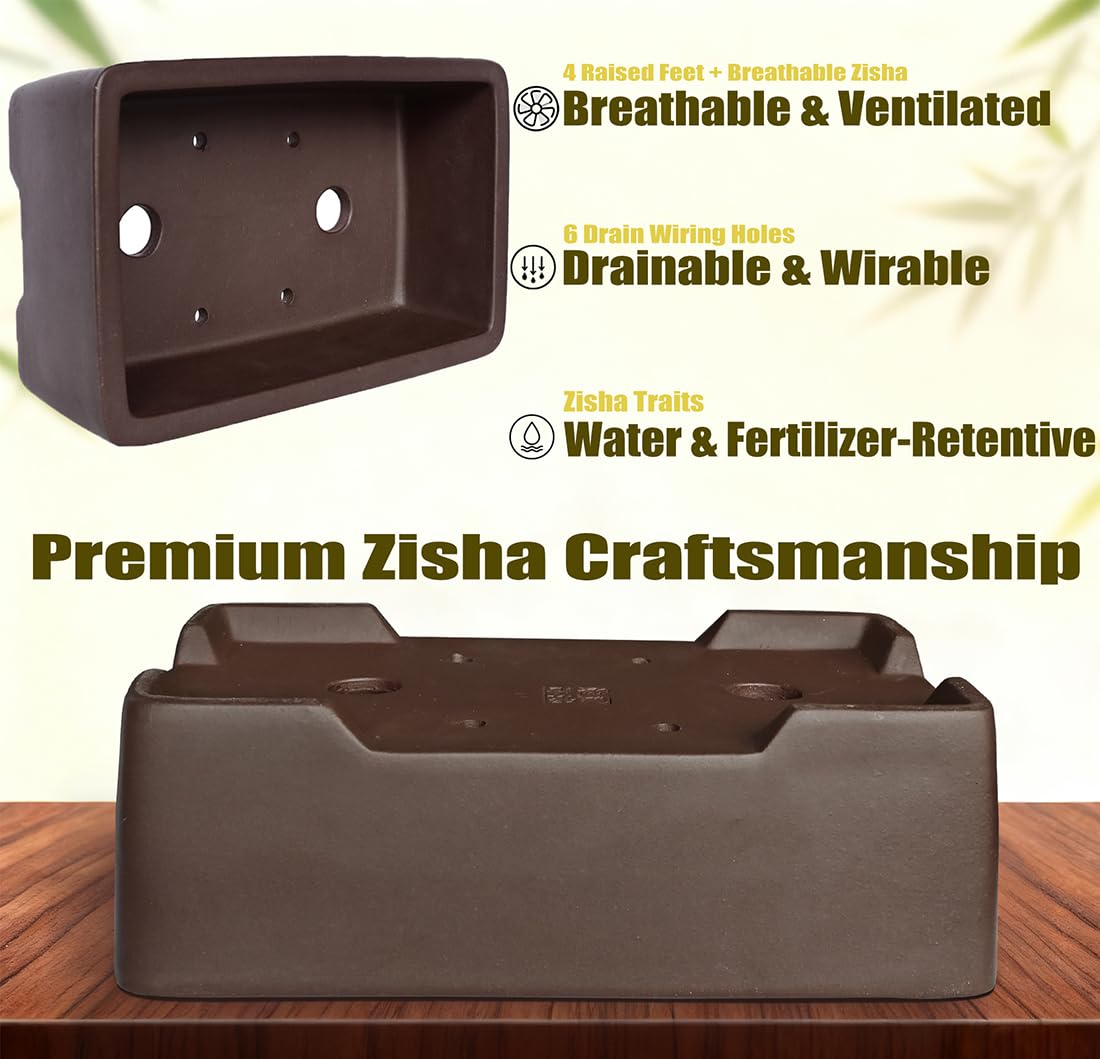 MUZHI Unglazed Zisha Bonsai Pot with Humidity Tray, Rectangle Bonsai Tree Planter with Drainage for Ficus, Succulent etc. (Classic Rectangle)