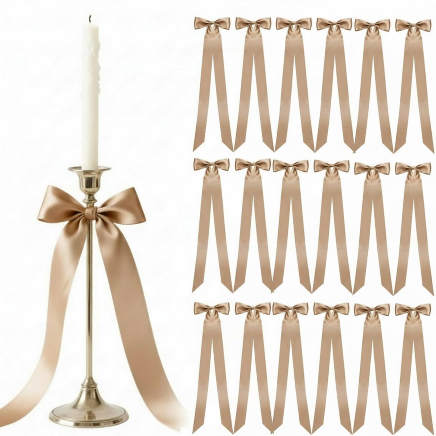 Lyrow 36 Pcs Champagne Long Satin Ribbon Bows for Wedding Valentine Candlestick Chairs Hair Bows for Women Bridal Baby Shower Backdrop Wine Glass DIY Birthday Party Table Decor(19.7" x 5.28")
