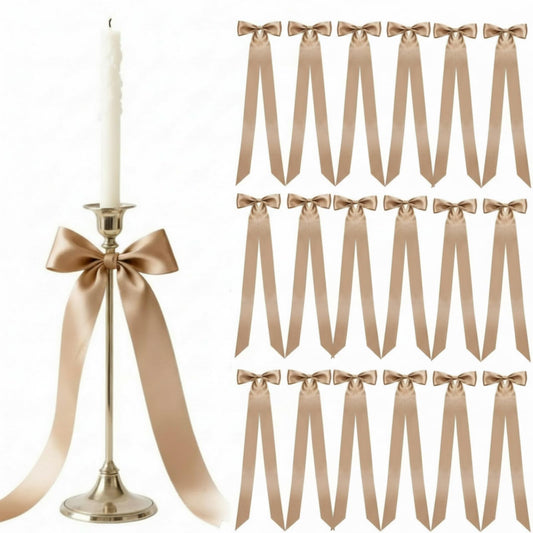 Lyrow 36 Pcs Champagne Long Satin Ribbon Bows for Wedding Valentine Candlestick Chairs Hair Bows for Women Bridal Baby Shower Backdrop Wine Glass DIY Birthday Party Table Decor(19.7" x 5.28")