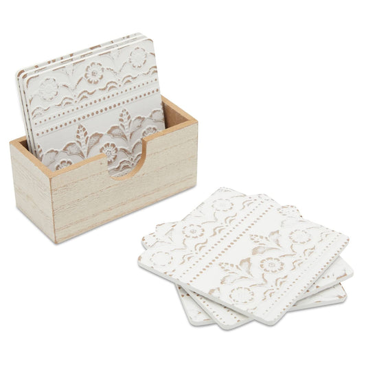 Juvale Wooden Coasters Set of 6-3.8 in, White, Square, Farmhouse Style - Coaster Holder for Coffee Table & Bar Decor - Kitchen & Living Room Decor