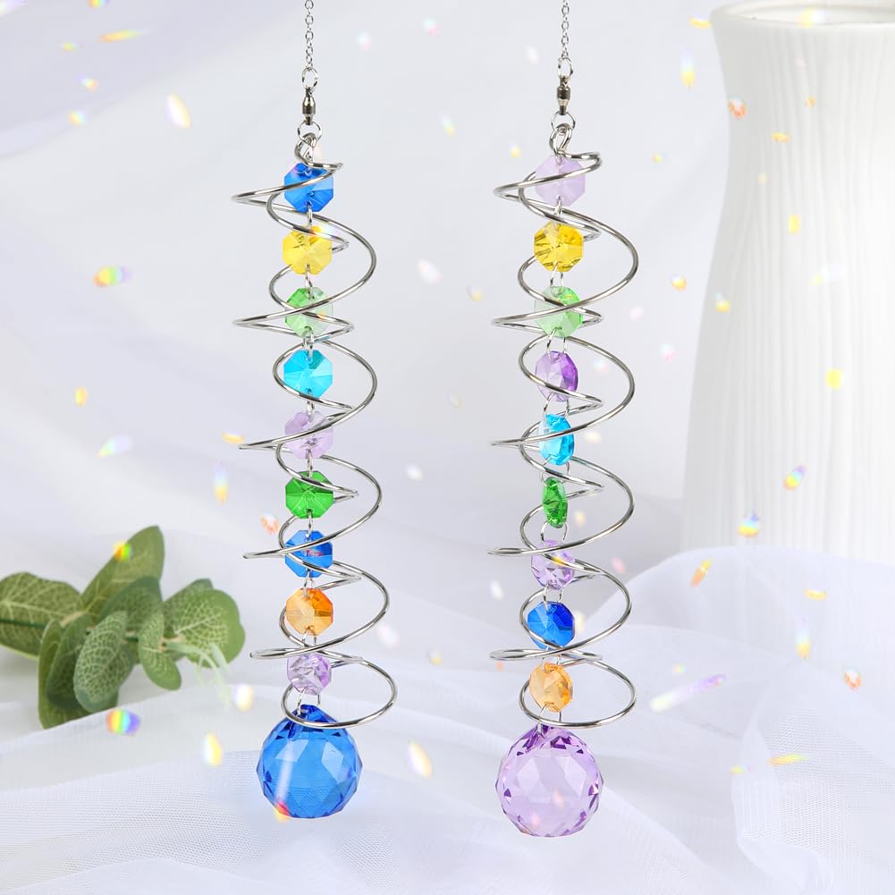 Sun Catchers, 2pcs Gazing Ball Spiral Tail Wind Spinners Crystal Suncatcher Prism Hanging Crystals Rainbow Maker for Windows Indoor Outdoor Garden Car Decorations Christmas Party Gifts for Girls Women