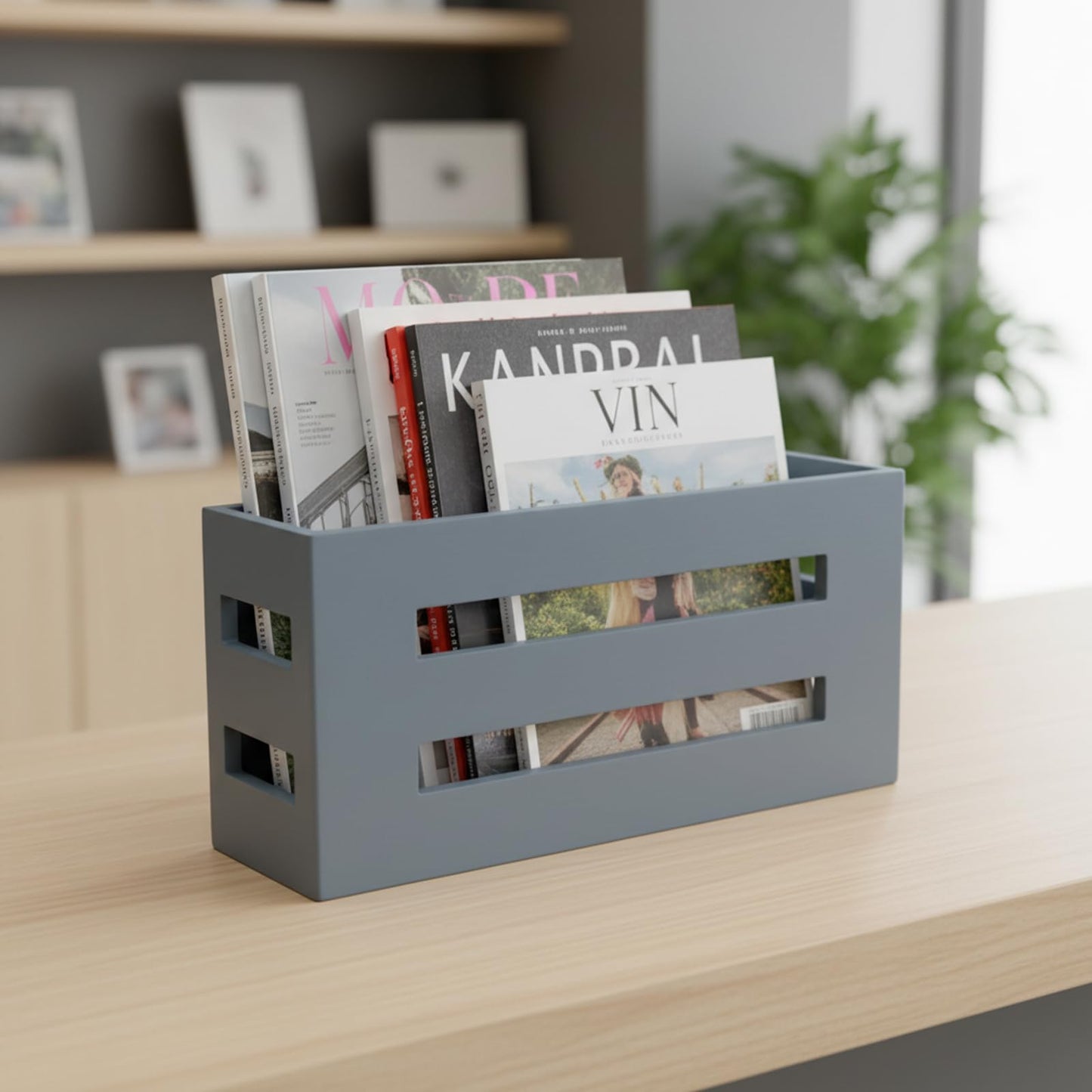 Qinpufu Magazine File Holder, Standing Wooden Magazine Rack, Desk Folder Organizer for Office & Bathroom-Gray