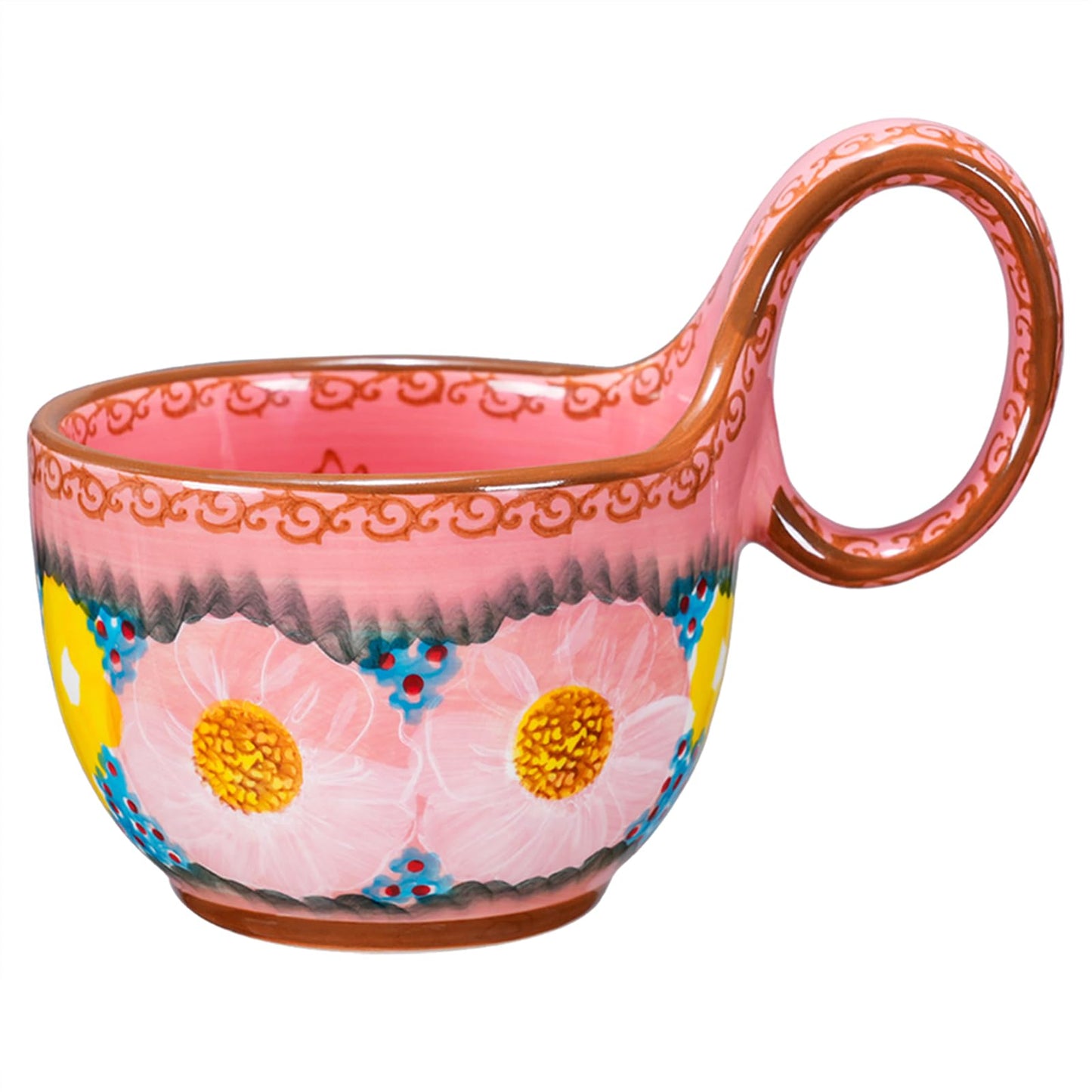 silesia Handmade Ceramic Soup Bowl with Loop Handle, Hand Painted Floral Cereal Bowl, Artisanal Soup Mug for Chili, Stew, Oatmeal, Microwave Safe, Glazed Pink