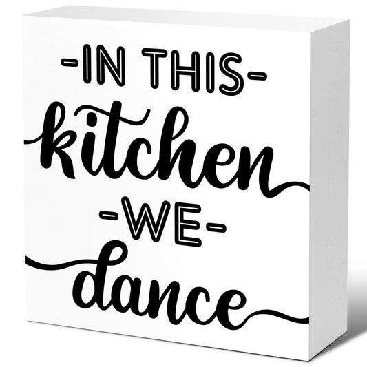 LVQHI Joyful Wooden Block Sign With "In This Kitchen We Dance" Quote, Whimsical Kitchen Dance Sign, Home Dance Decor For Party Kitchen, Music Lover's Kitchen Decor 5"L x 5"W x 1.2"H V612