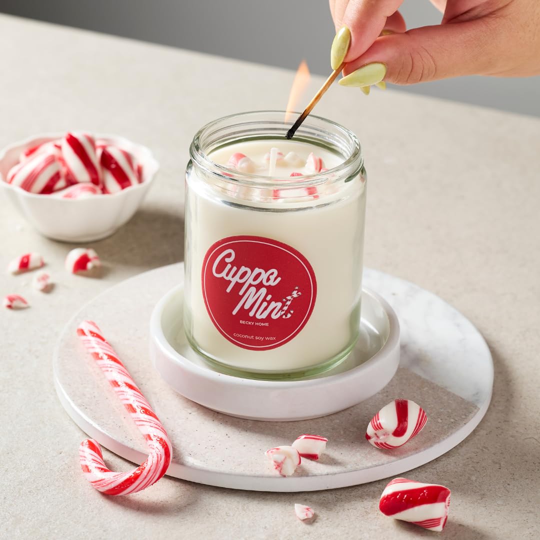 Becky Home Peppermint Candle, Christmas 9oz Jar, Holiday Home Accent, Candy Cane Aroma, Fresh Winter Scent, Seasonal Gift Candle for Men and Women