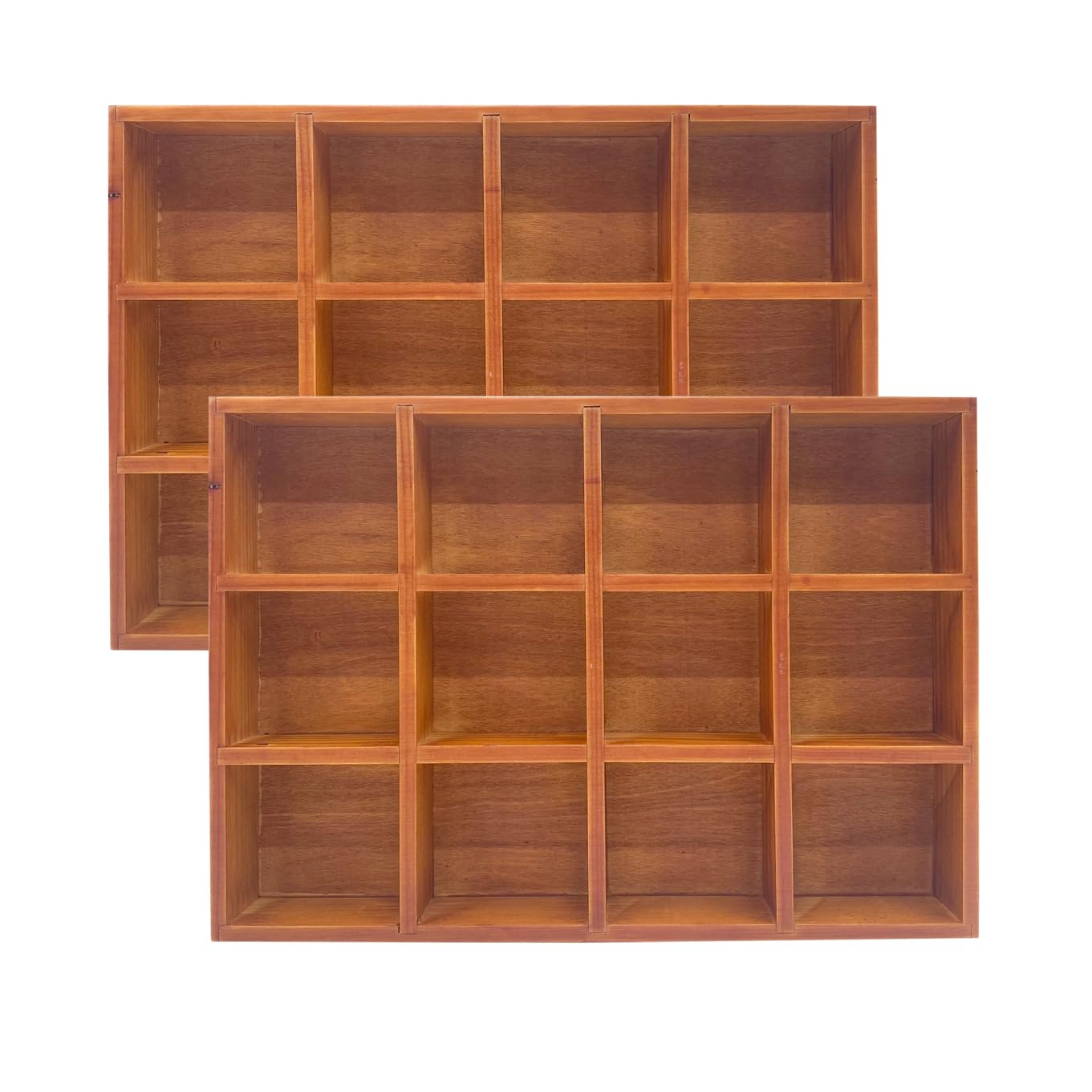 Cregugua 2 Pack Wooden Sorting Tray Grid Display Wood Divided Organizer Brown finished Section Box (12 Compartments,12.9 x 9.1 x 1.55 Inch Each Tray)