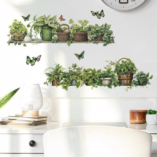 Green Plant Wall Decals 3D Bonsai Tropical Plant Betterfly Wall Sticker Creative Vinyl Peel and Stick Removable Wall Art Decor for Living Room Bedroom Home Office