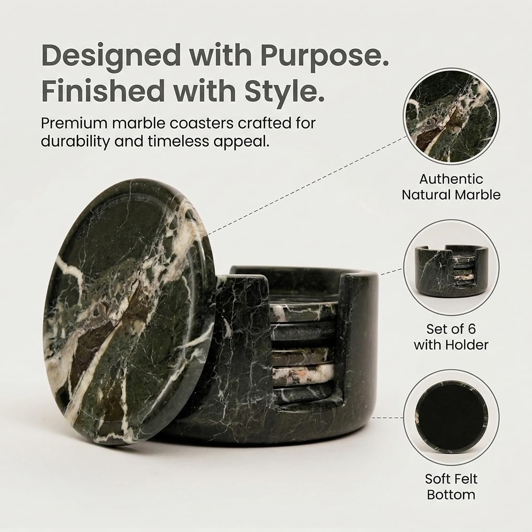 Marble Coasters Set of 6 with Holder, 3.5 Inch Round Drink Coasters for Tabletop and Coffee Table Decor (Black Zebra)