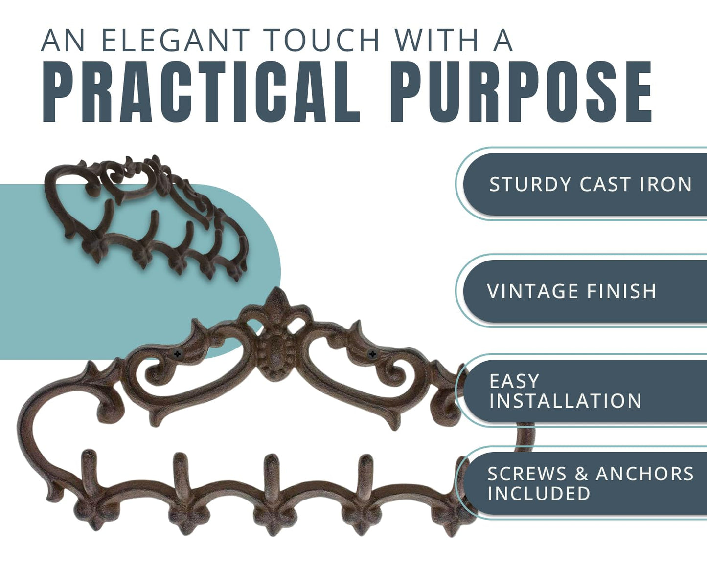 Comfify Cast Iron Wall Mounted Hanger – Vintage Design with 5 Hooks for Keys, Towels, Robes, and Clothes – Heavy Duty Rustic Metal – 12.6" x 5.9" – Brown