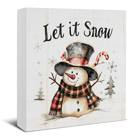 Let It Snow Christmas Decorations - Snowman Decor, Christmas Winter Wooden Sign, Home Decor for Desk Table Shelf 5 X 5 Inches