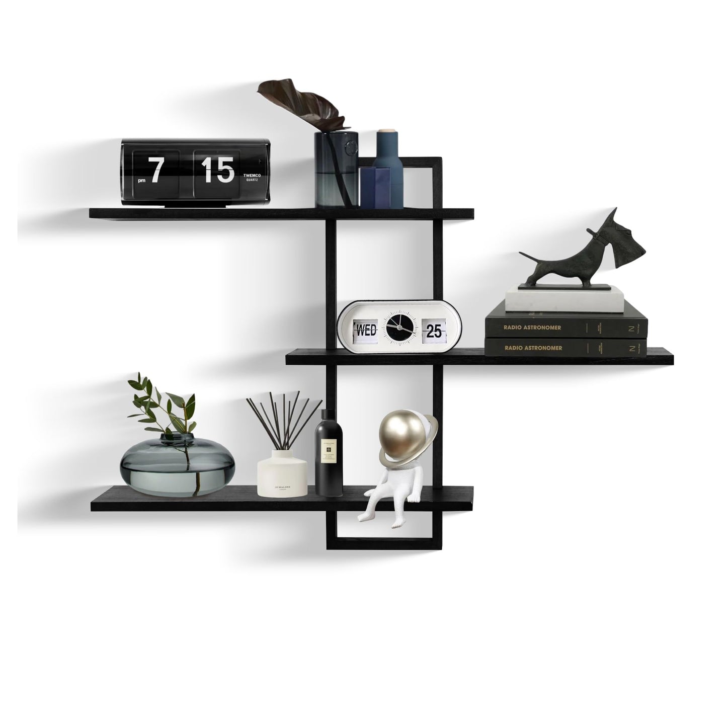 PHOENANCEE 3 Tier Wall Shelves,Decorative Floating Shelf for Wall,Plants Photo Shelf Storage Display Shelving Wood for Living Room Bedroom Kitchen Home Office Decor,Modern,Large,22 Inch(Black)
