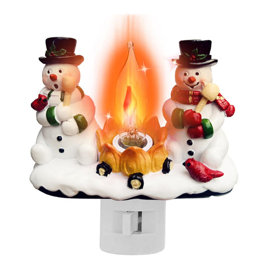Christmas Decorations，Snowman Campfire Night Light，4 Inch Resin Rotating Plug Christmas Night Light with Flame Flicker Effect, Suitable for Children's Room, Hallway, Living Room, Staircase Decoration