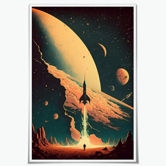 Vintage Rocket Galaxy Canvas Poster Retro Space Print Wall Art Milky Way Galaxy Outer Art Wall Decor Living Room Bedroom Office Room Decorate 12x18inch Unframed