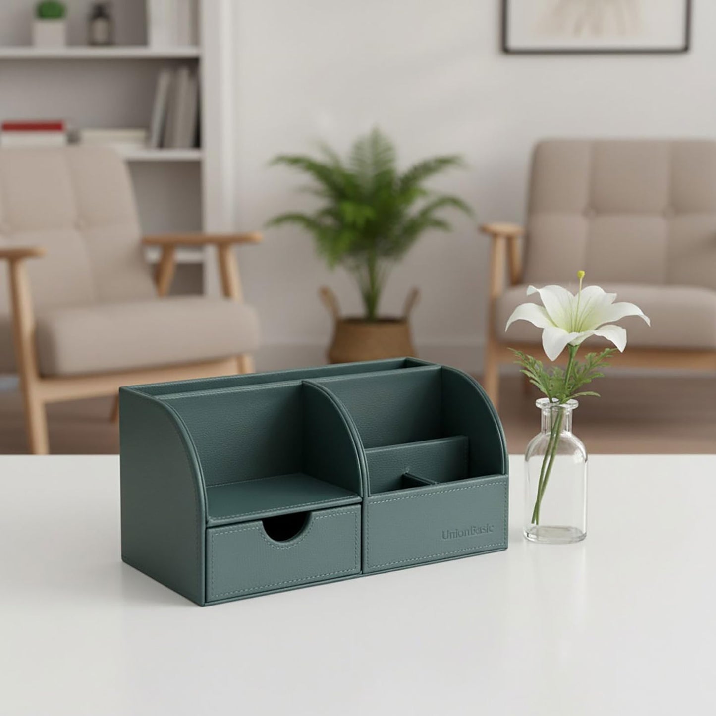 UnionBasic Desk Organizer - Multifunctional Leather Desktop Pen Holder Storage Box - Business Card/Pen/Pencil/Mobile Phone/Stationery Holder, Dark Ivy