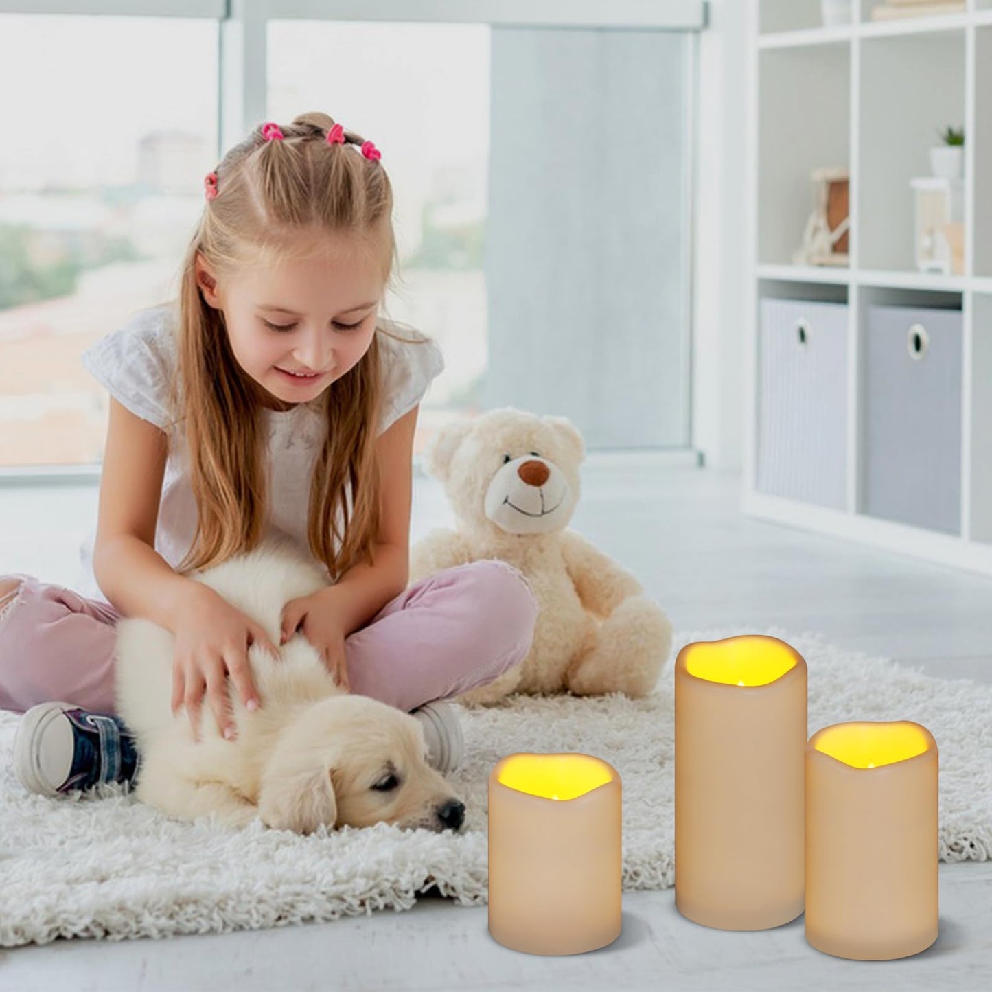 Flameless Candles 4" 5" 6" Set of 3 Ivory Outdoor Indoor Pillars 3" Diameter Battery Operated Flickering Candles Include 10-Key Remote Timer Function 400+ Hours Requires 2 AA Batteries（3 Pack)