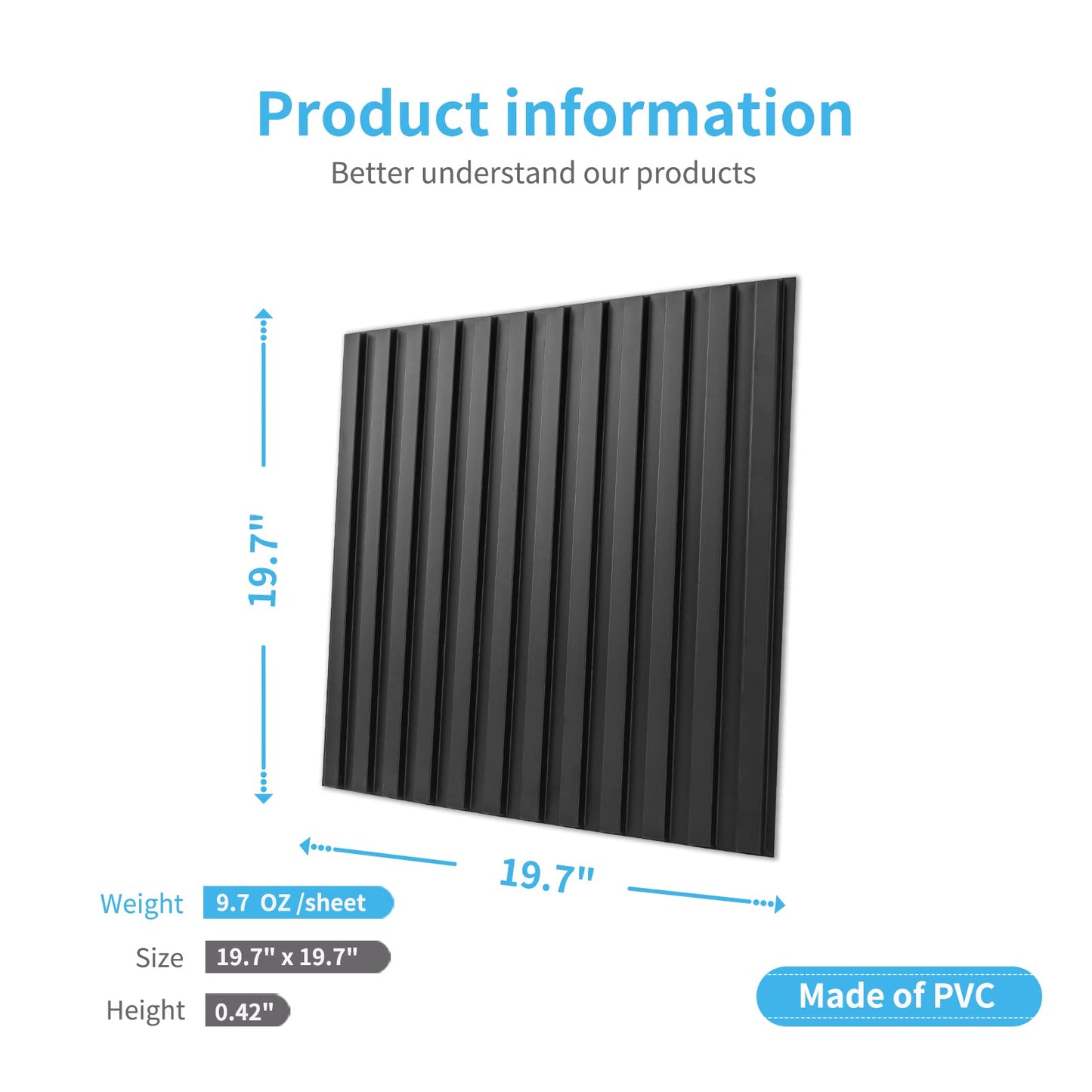 Art3d Slat Wall Panel, 3D Fluted Textured Panel 12-Tile 19.7 x 19.7in. - Cover 32 Sq.Ft., Black
