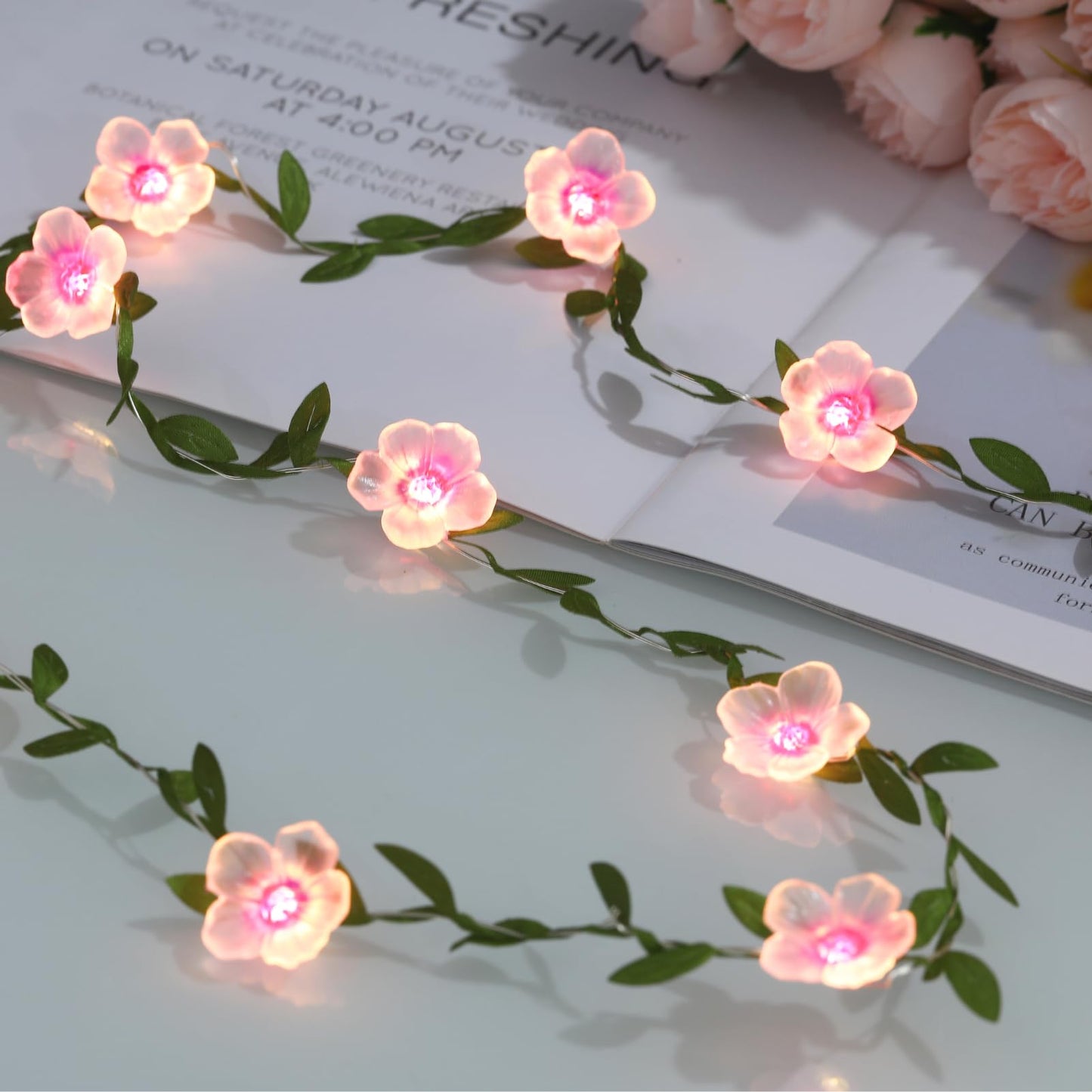 Cherry Blossom Vine Lights 13ft 40 LED Flower String Lights USB Plugin & Battery Operated Fairy Lights with Timer 8 Modes Remote Decorative Light for Mother's Day Graduation Bedroom Wedding Party