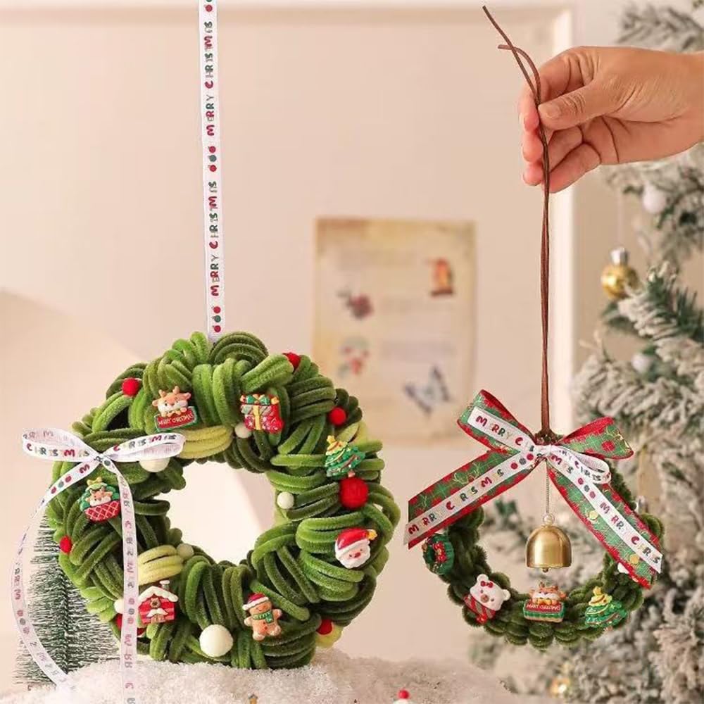 Christmas Bell Pipe Cleaner Wreath Ornament, Handmade Festive Wreath with Cute Figurines & Ribbon, Christmas Tree Hanging Decor for Home Party Holiday Atmosphere Enhancement