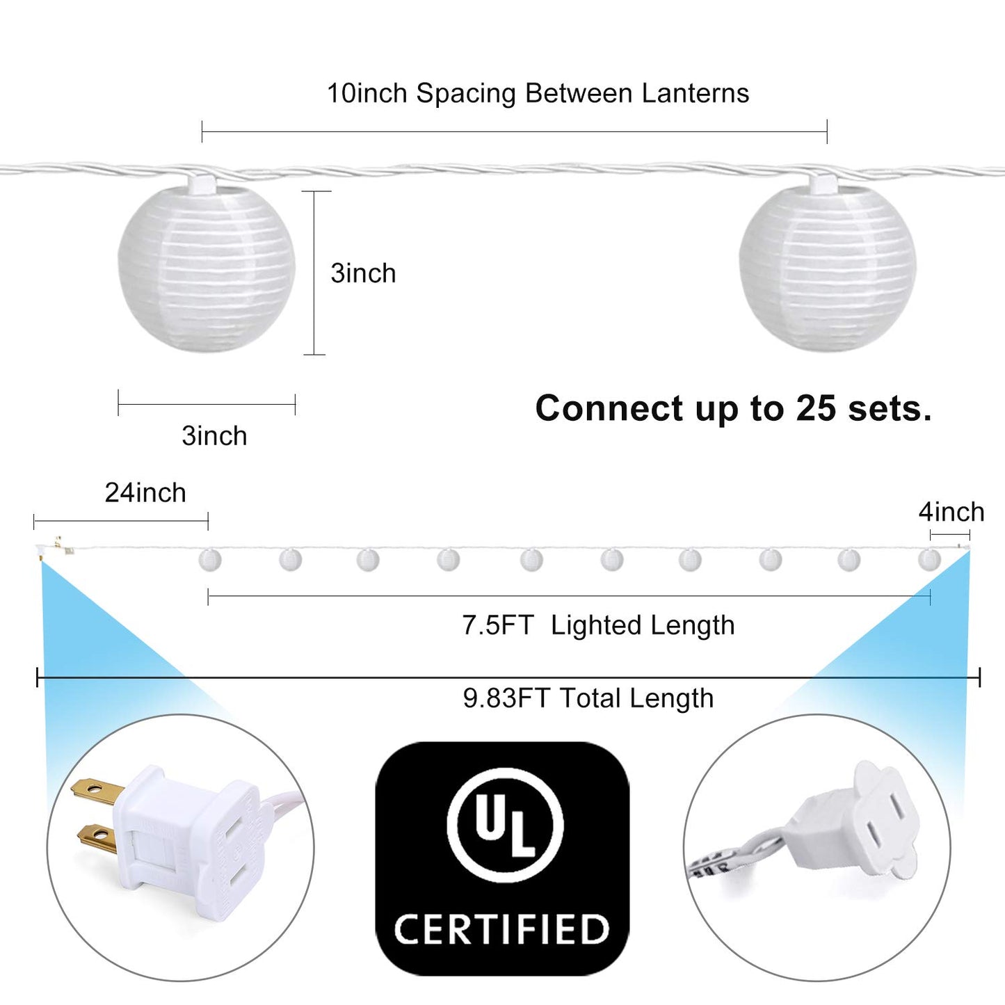 TIGOMOOV 10 White Nylon Lantern String Lights, 120V Plug in, 9.83FT White Wire, Waterproof Indoor Outdoor Hanging Fairy Lights for Patio, Garden, Bedroom, Wedding, Party and Christmas Holiday Decor