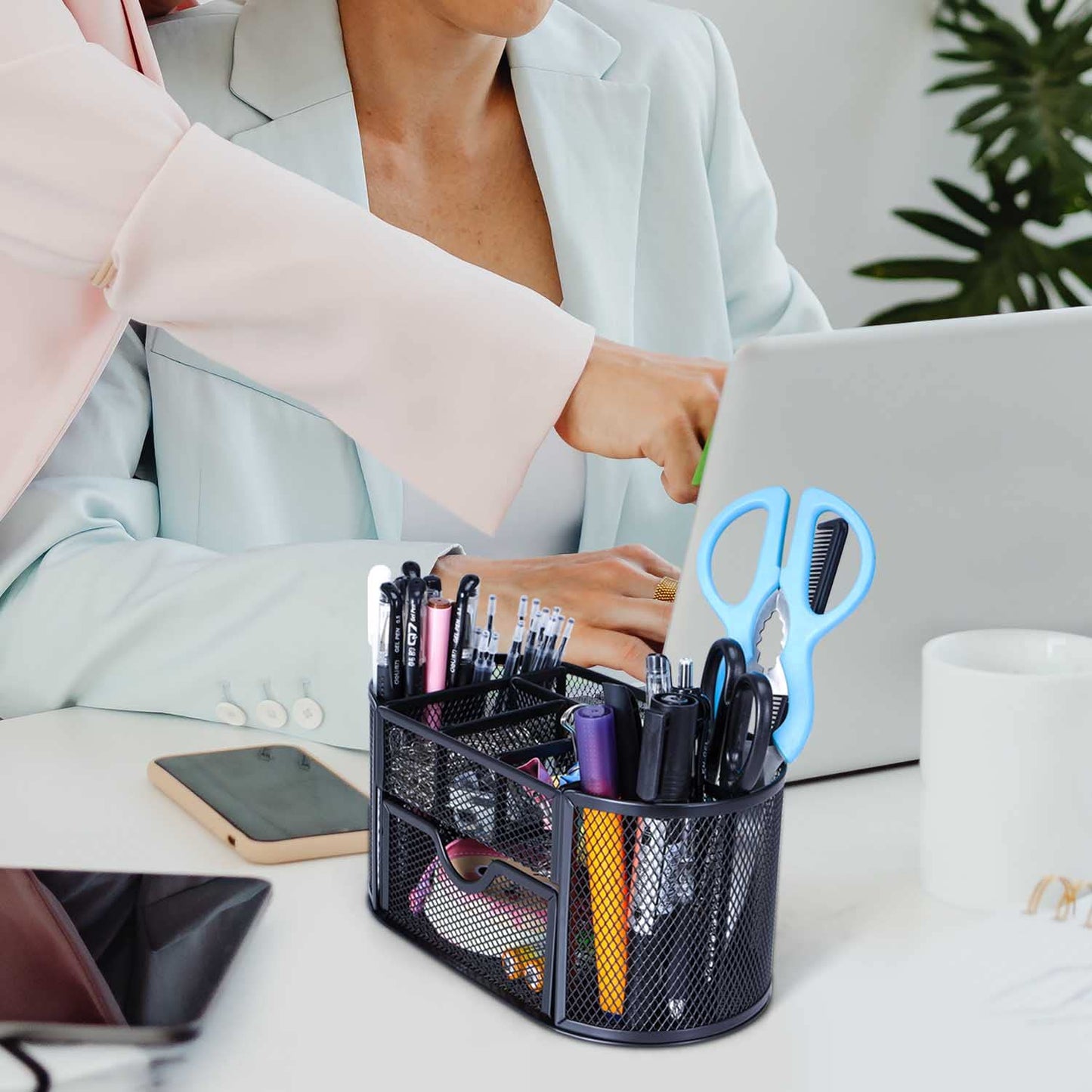 Byjoph Black Mesh Pen Holder Desk Organizer Cute Office Supplies Pencil and Marker Organizers Oval Desk Caddy with 8 Compartments and 1 Drawer Workspace Accessories for Office School Home