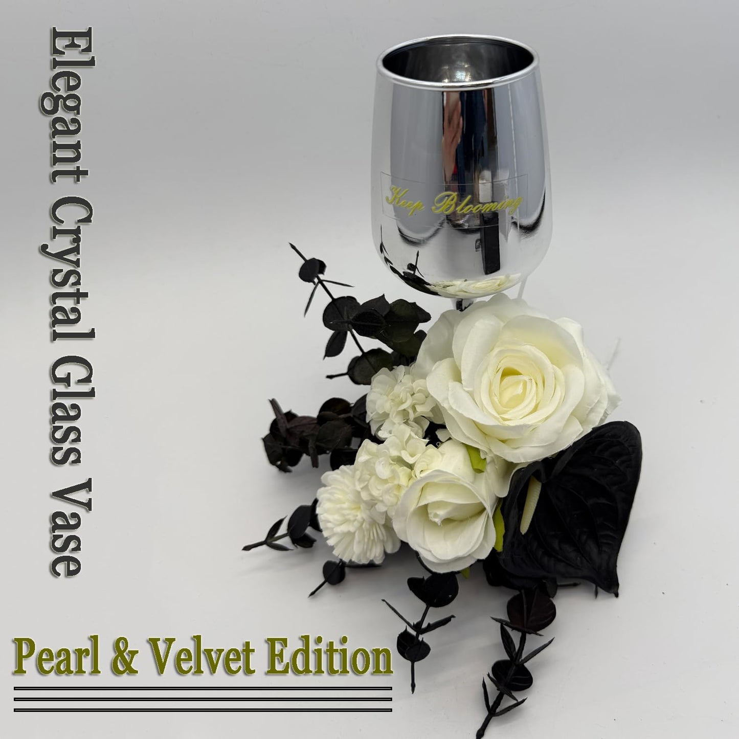Silver Grace Crystal Flower Vase with Faux White Roses and Black Calla Lilies Elegant Artificial Flower Arrangement Decorative Glass Flowers for Home and Table Decor