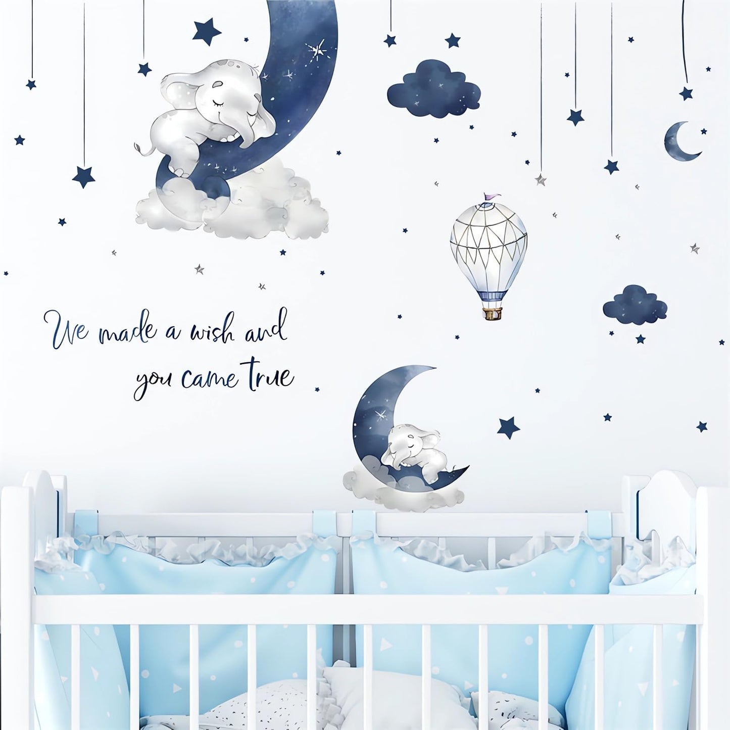 Dream Blue Grey Sleeping Baby Elephant Wall Sticker, sacinora Moon Star Cloud Warm English Phrase Wall Decal Removable Vinyl Peel and Stick for Kid Baby Boy Nursery Bedroom Toddler Room Art Home Decor