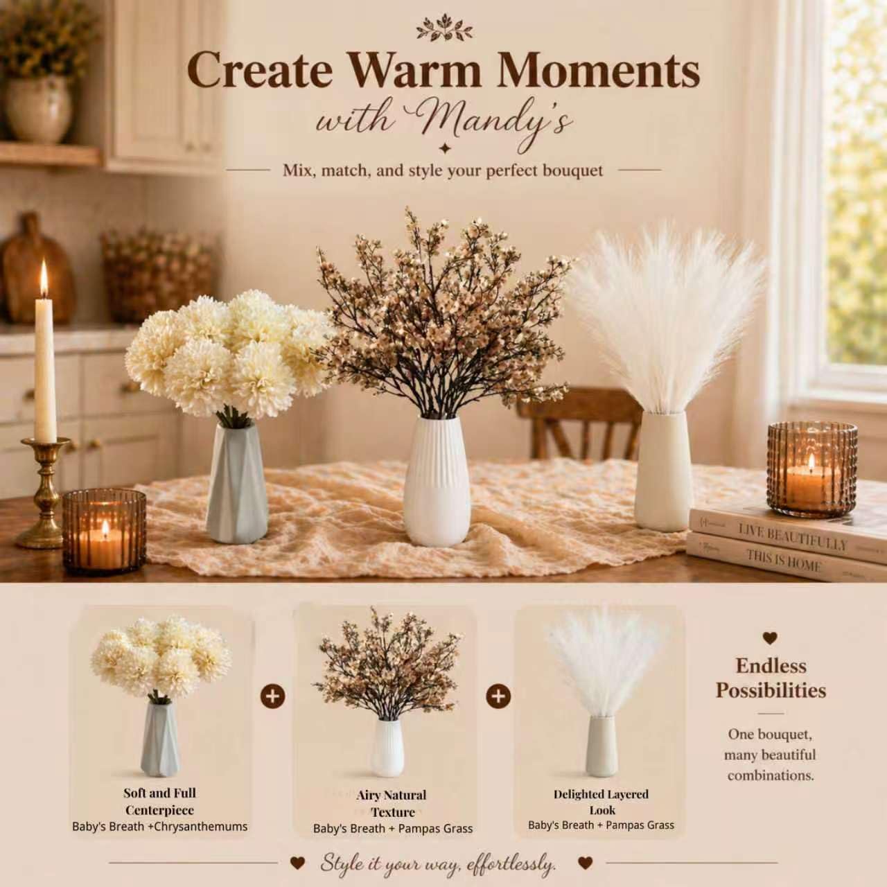Mandy's Light Brown Artificial Baby’s Breath Flowers 6 Bundles Silk Gypsophila, 18.5 Inch European Style Modern Home Decor Centerpiece, Neutral Wedding Flower Arrangements