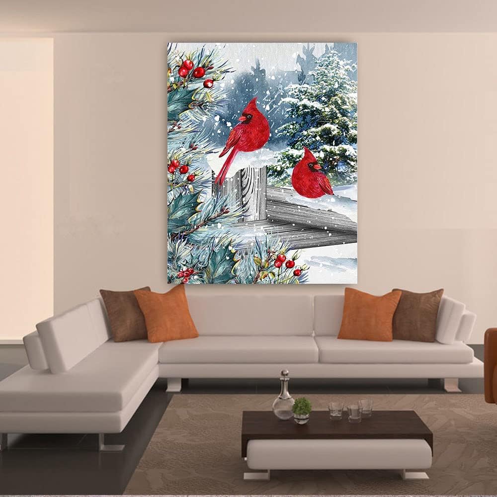 BOHADIY Winter Cardinal Christmas Diamond Art Painting Kits for Adults - Full Drill Diamond Art Paintings for Beginners, Round 5D Paint with Diamonds Gem Art Painting Kits DIY Adult Crafts 12x16inch