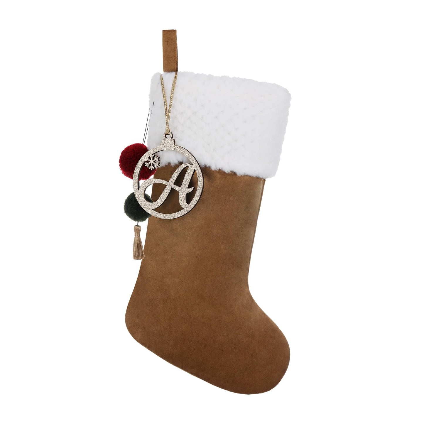 Pxniy Personalized Gold Wooden Initial Christmas Stocking, 19.5 inches Velvet Christmas Stocking with pom poms,Christmas Decorations for Xmas Fireplace Holiday Party(Gold A)