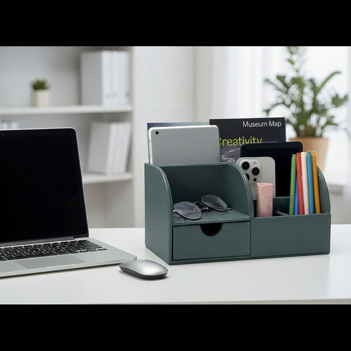 UnionBasic Desk Organizer - Multifunctional Leather Desktop Pen Holder Storage Box - Business Card/Pen/Pencil/Mobile Phone/Stationery Holder, Dark Ivy