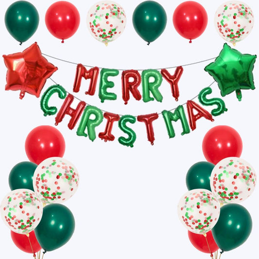 Merry Christmas Balloons Banner 13pcs Aluminum Foil 16 Inch Letters with 2pcs 18 Inch Star Balloons 30pcs Red Green Confetti Balloon for Christmas Party Decorations