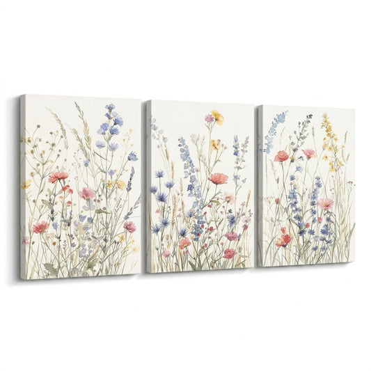 MTFBWY Wildflower Wall Art Set of 3, Botanical Floral Canvas Prints, Aesthetic Cottagecore Wall Decor for Bedroom Dorm Girls Room, Vintage Meadow Calm & Cozy Watercolor Flower Artwork 12x16 Inch