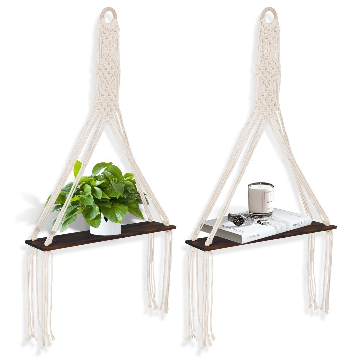 Trenqular 2 Pack Macrame Wall Hanging Shelf,Boho Wooden Display Floating Shelves with Handmade Woven Rope,Rustic Wood Floating Storage Shelf,for Living Room Hanging Plants Photos