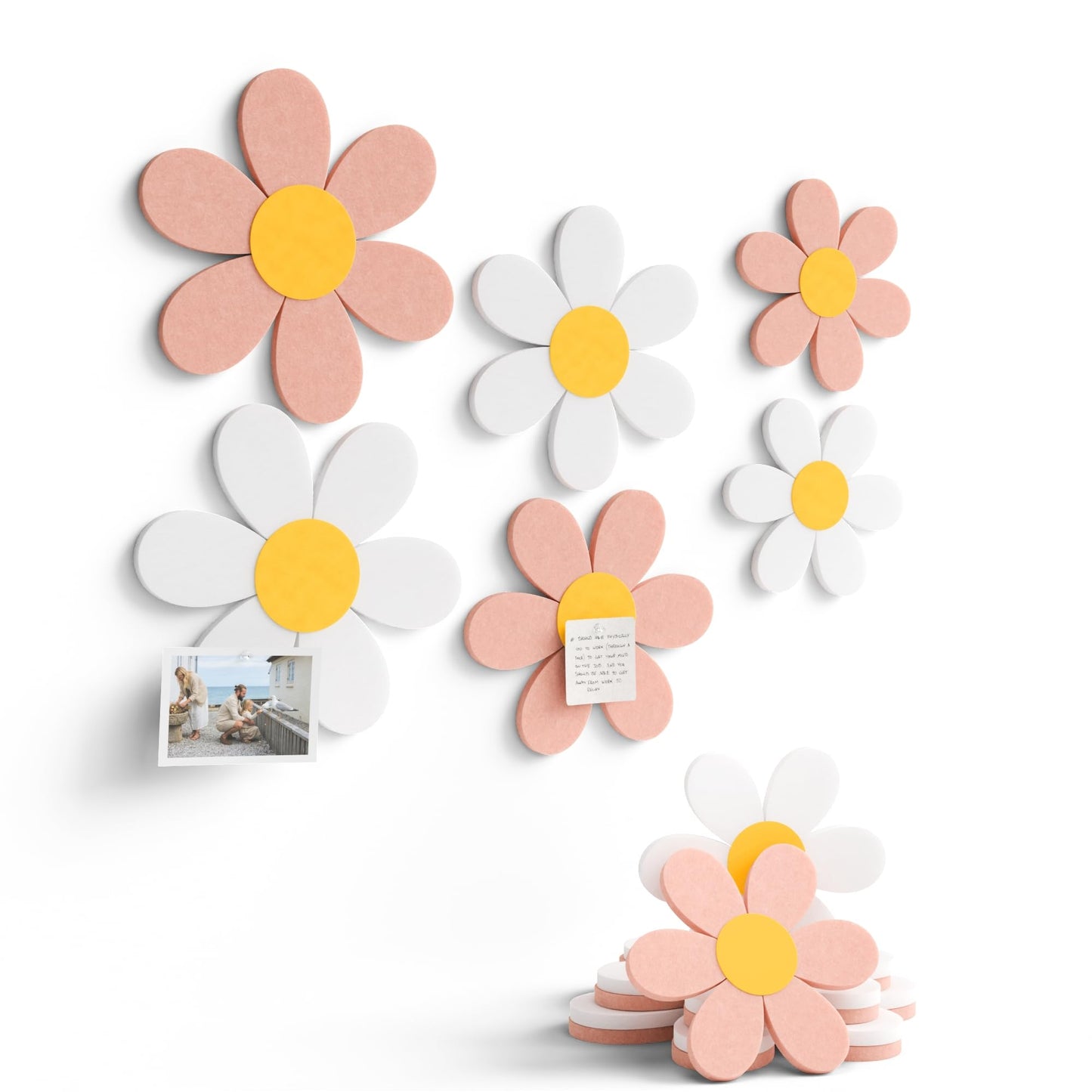 Fluxynara 6 PCS Daisy Felt Flower Wall Decor, Daisy Bulletin Board for Nursery & Girl Room, 3-Size Acoustic Felt Wall Art for Bedroom, Baby’s Room, Kids’ Spaces, Pink/White