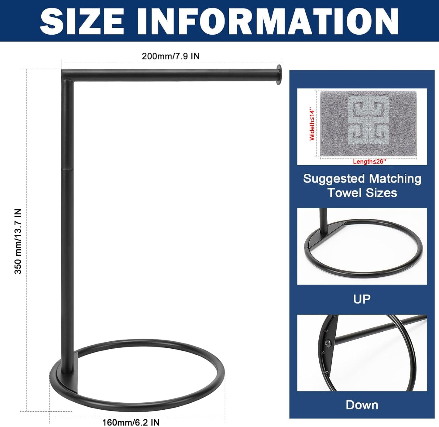NearMoon Hand Towel Holder Stand, Thicken Metal L Shape Hand Towel Rack, Small Towel Ring, Stable Standing Towel Bar for Bathroom Kitchen Vanity Countertop, 8” L 14” H (Matte Black, 1 Pack)
