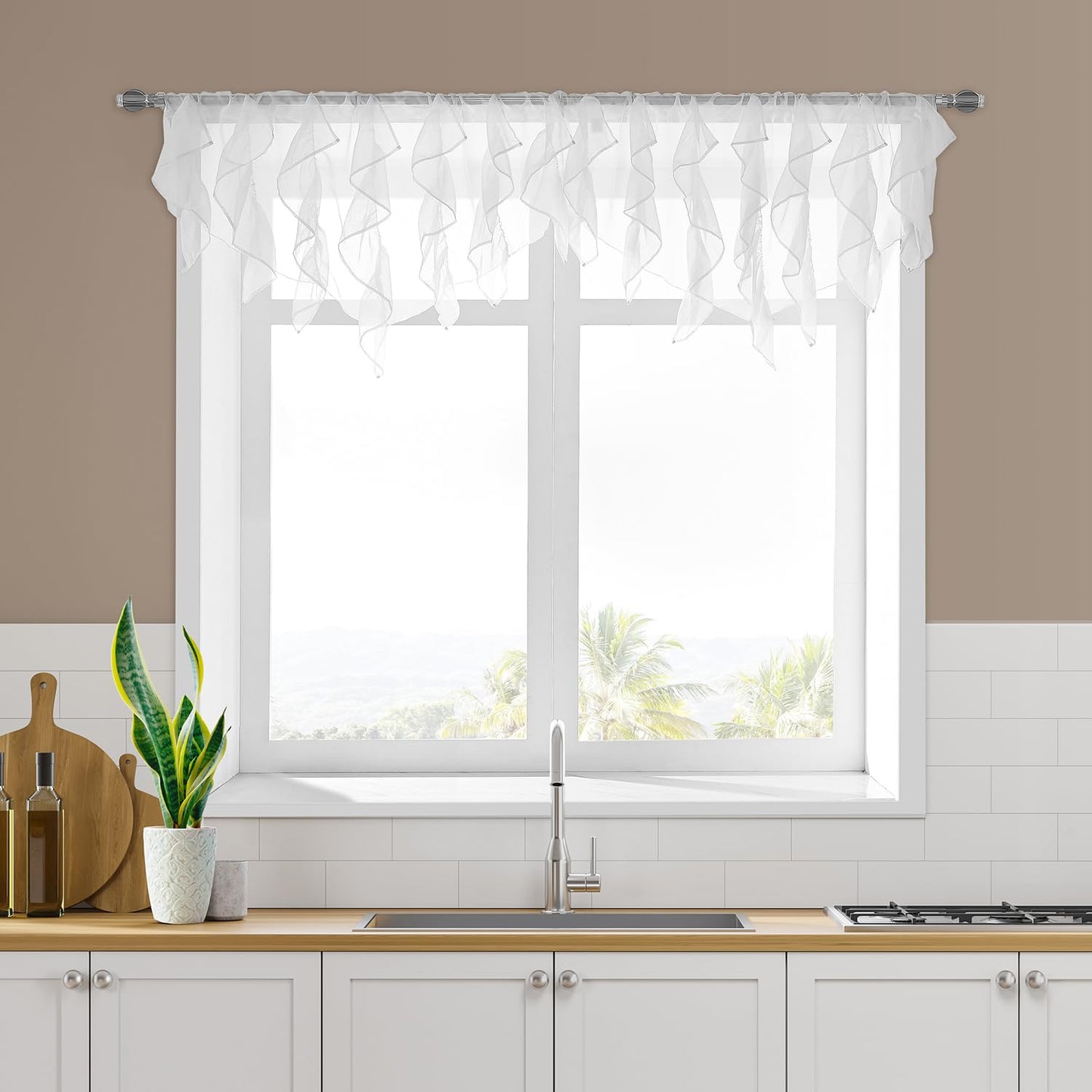 PearAge Ruffled Voile Semi Sheer Curtain Valance, Kitchen Living Room Shabby Chic Ruffle Valance Curtains, Girls Daughters Bedroom Cascade Window Valance 52x26 Inches (White-Triangle)