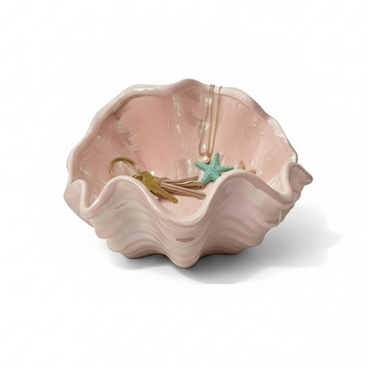 Runziti 6.3 Inch Iridescent Ceramic Clam Shell Decorative Bowl - Key Holder, Coastal Beach Home